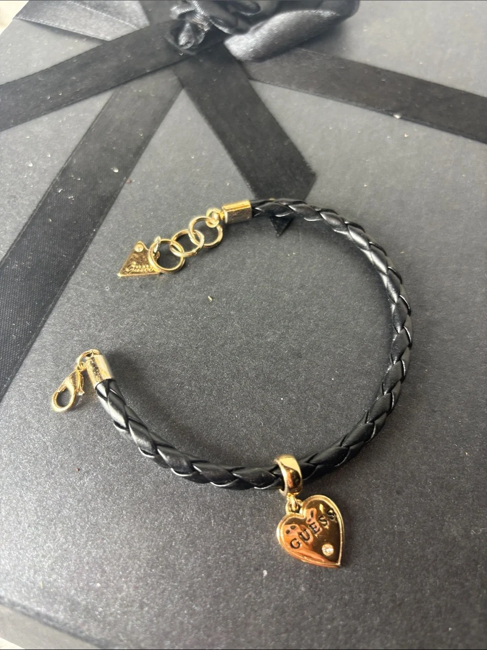 GUESS Black Braided Leather Bracelet with Gold Heart Charm Adjustable